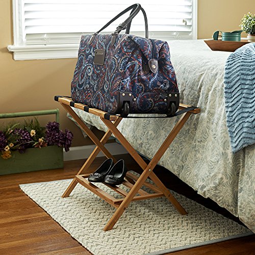 Household-Essentials-Fully-Assembled-Folding-Luggage-Rack-with-Lower-Storage-Shelf-Bamboo-Frame-with-Black-Straps-Brown
