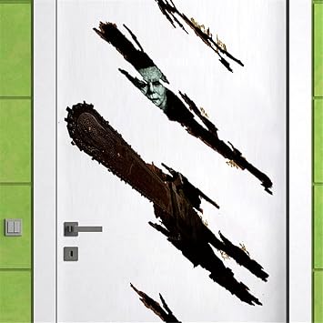 Halloween Horror Movie Chainsaw Murder Crazy Sticker Mural Peel and Stick Wallpaper Door Decal Horrible Break Crack Adhesive Room Decors Removable Home Decoration,15x40 inches