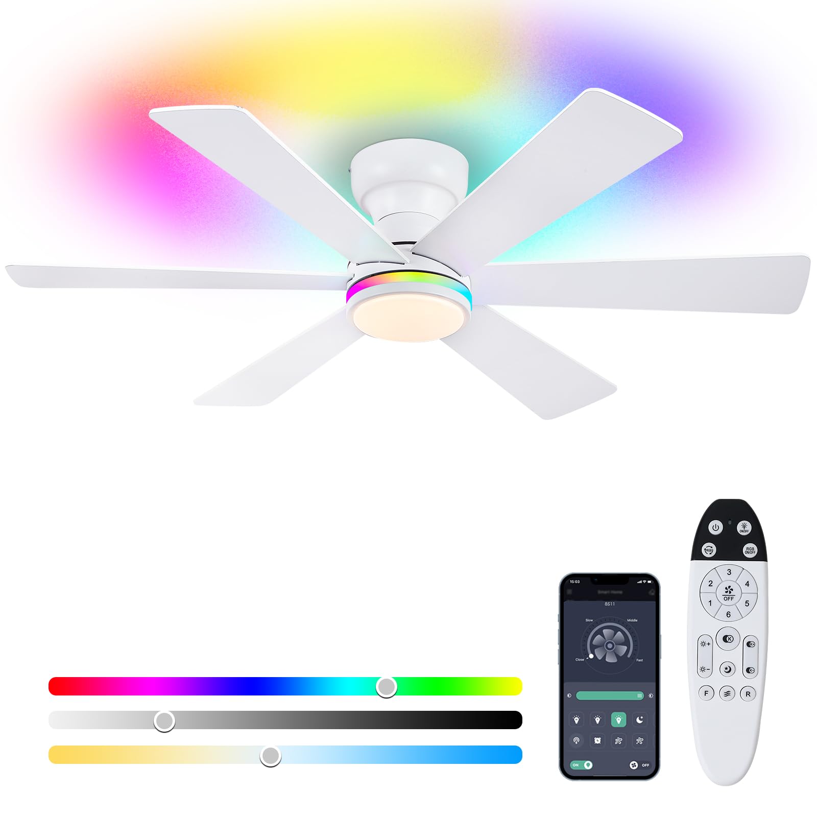 Photo 1 of Asyko 46" White RGB Ceiling Fans with Lights and Remote,Low Profile Ceiling Fans with Quiet Reversible DC Motor,Small Modern Flush Mount Ceiling Fan Light for Bedroom Kids Room