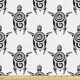 Ambesonne Tattoo Fabric by The Yard, Pattern with Sea Turtles in Maori Style Polynesian Swirly Motifs, Decorative Fabric for Upholstery and Home Accents, 1 Yard, Monochrome