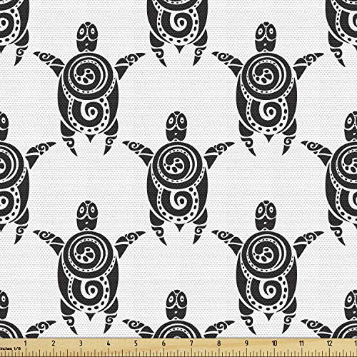 Ambesonne Tattoo Fabric by The Yard, Pattern with Sea Turtles in Maori Style Polynesian Swirly Motifs, Decorative Fabric for Upholstery and Home Accents, 1 Yard, Black White