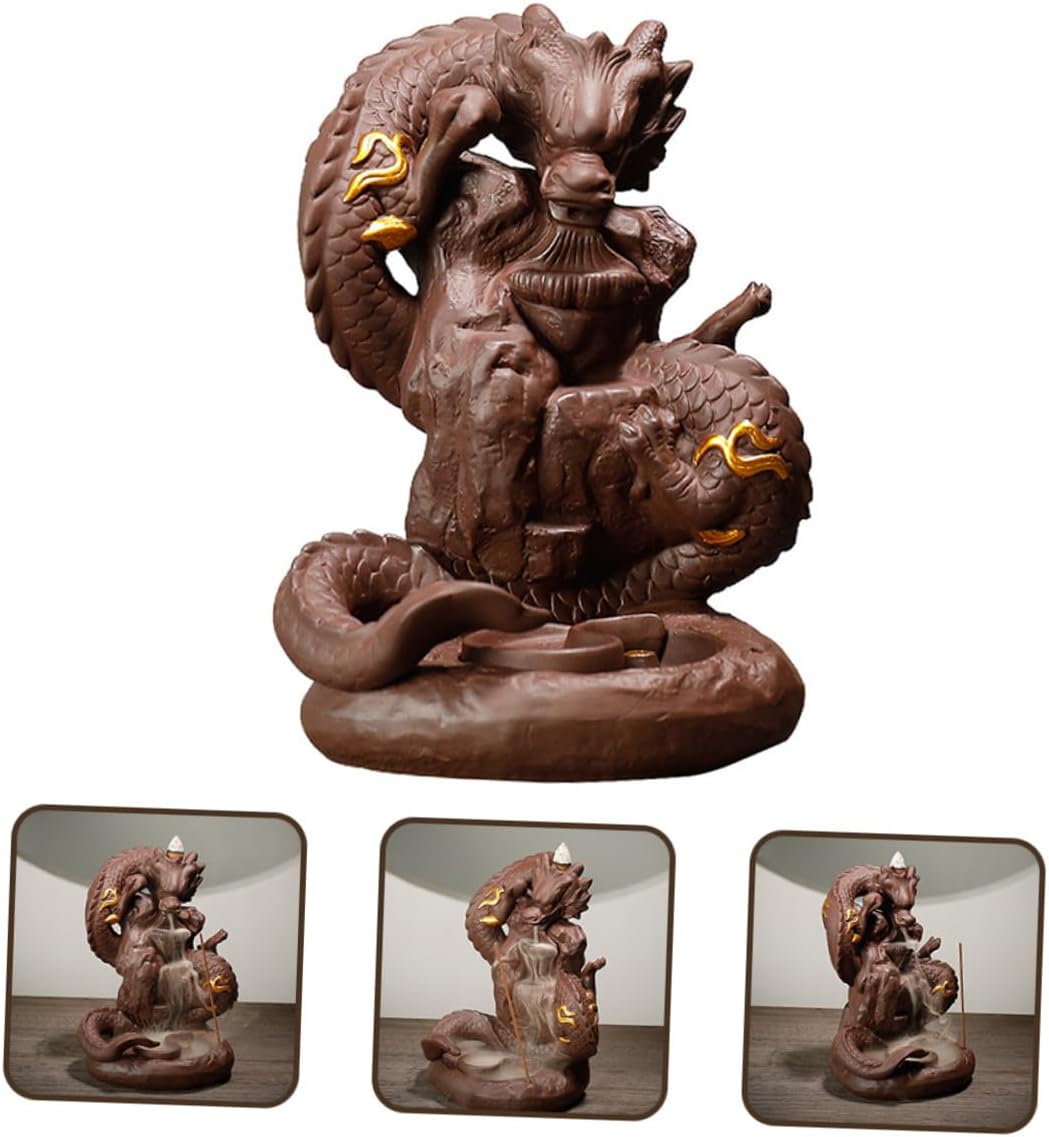Yardwe Dragon Backflow Incense Holder Purple Sand Cone Burner Dragon Design Censer Home Fragrance Decor for Office and Meditation
