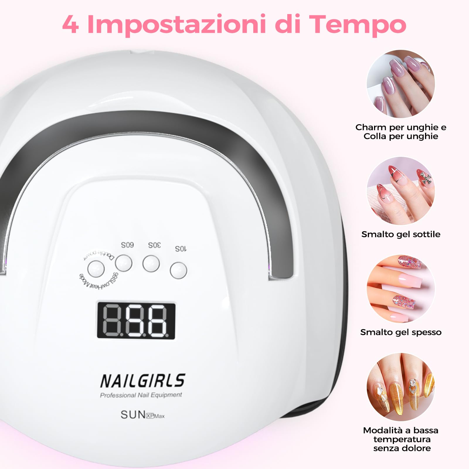 NAILGIRLS Lampade UV Per Unghie, 268W Portatile Lampada per Unghie Asciuga Smalto Fornetto Unghie per Manicure Pedicure,Sensore Di Avvio Automatico Lampada Unghie LED UV,4 Modalità Timer,Display LCD