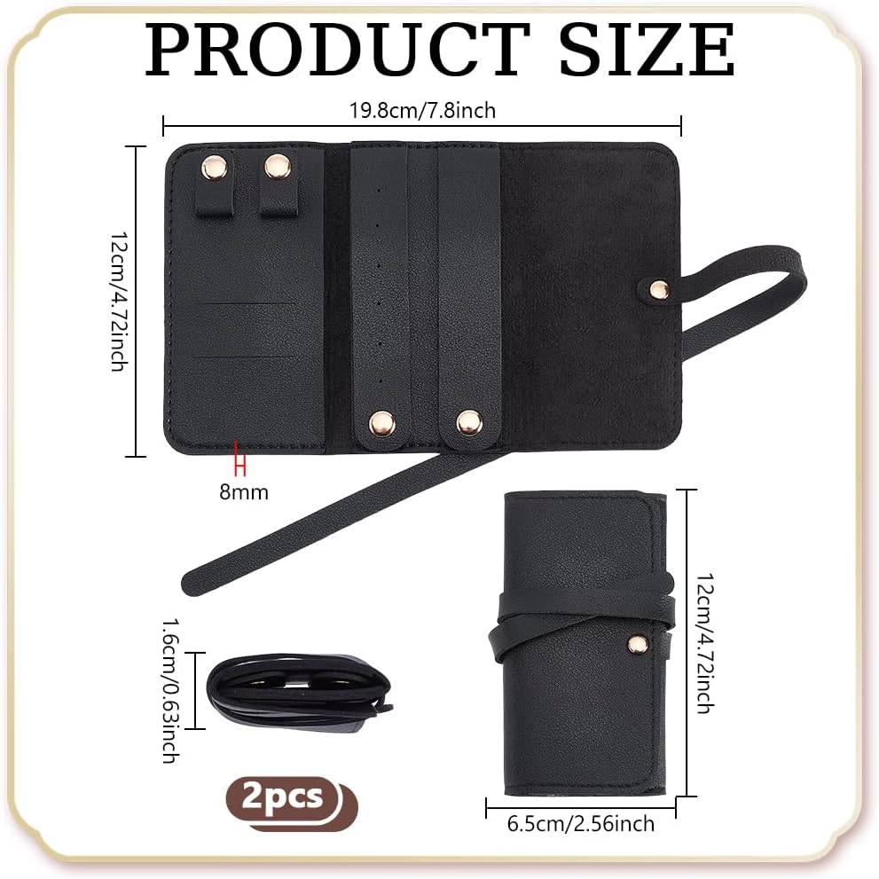 FINGERINSPIRE 2PCS Travel Jewelry Organizer Roll 2.56x4.72inch Portable Jewelry Storage Roll Black PU Leather Jewelry Rolls Storage Pouch Bag for Rings Earrings Necklaces Bracelets Storage Organizer