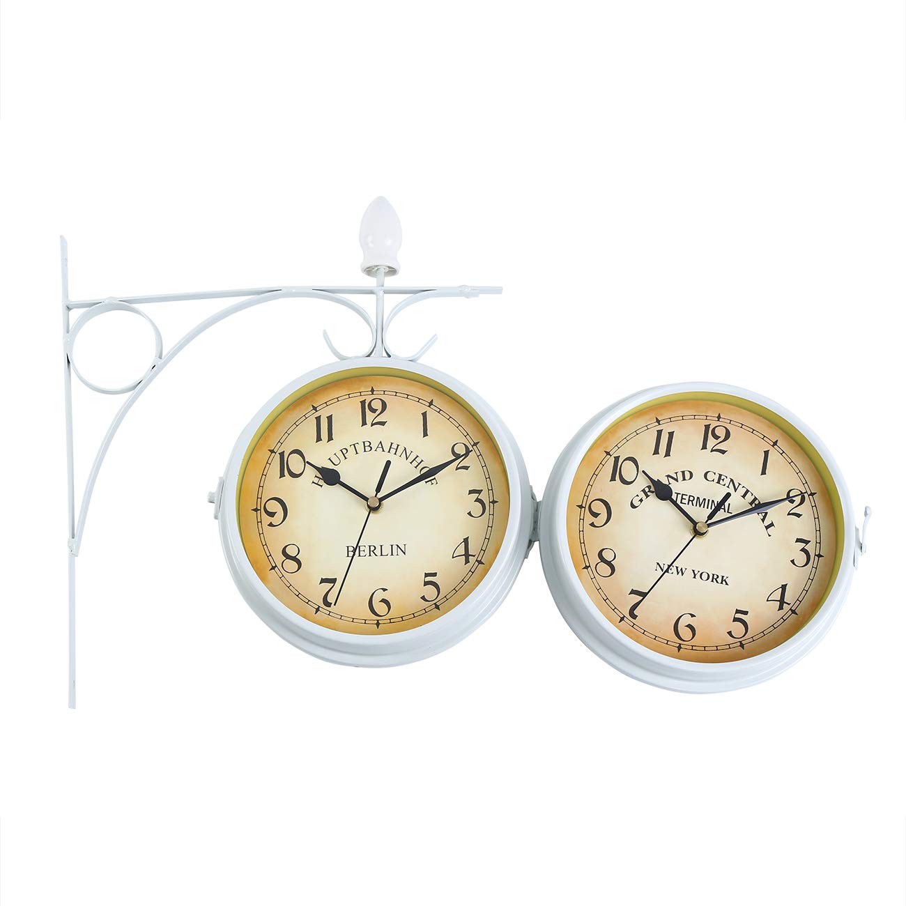 Horloge de Gare Rétro, Horloge Murale Double Cadran avec Potence de Fixation Pendule Double Face pour L’intérieur et L’extérieur Maison Jardin Cuisine Cour Séjour Blanche