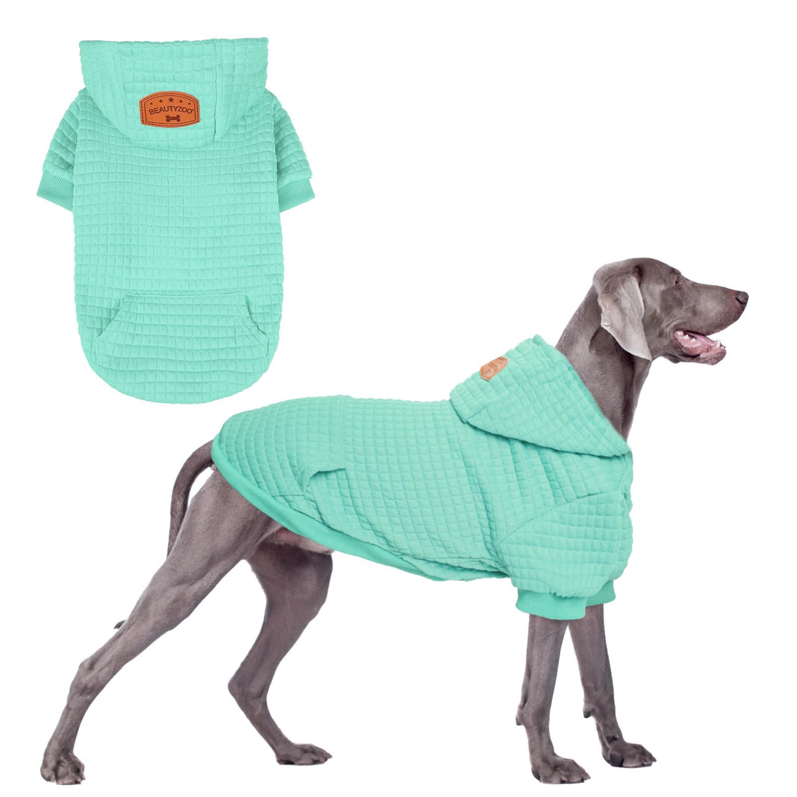 BEAUTYZOO Large Dog Hoodie Sweater with Pockets, Dog Clothes for Small Medium Dogs Boy Girl, Waffle-Like Laminated Cotton Pet Coats with Hat and Leash Hole, Mint Green 2XL