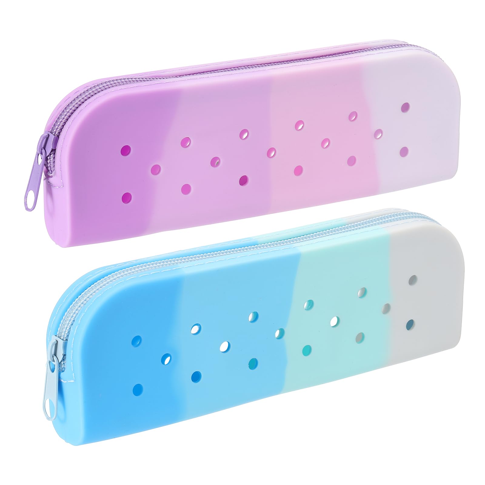 PATIKIL 2 Pack Silicone Pencil Pouch, Small Pencil Pouch Case with DIY Holes Cute Silicone Stationery Organizer for Office Travel Makeup, Gradient Purple/Gradient Blue