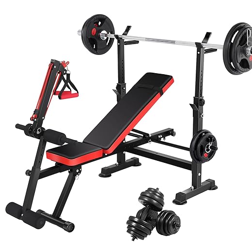 Aceshin 6 in 1 Adjustable Weight Bench with Squat Rack, Multi-Function Bench Press Set with Removable Foot Catch and Rowing Set for Home Workout Gym Fitness Exercise
