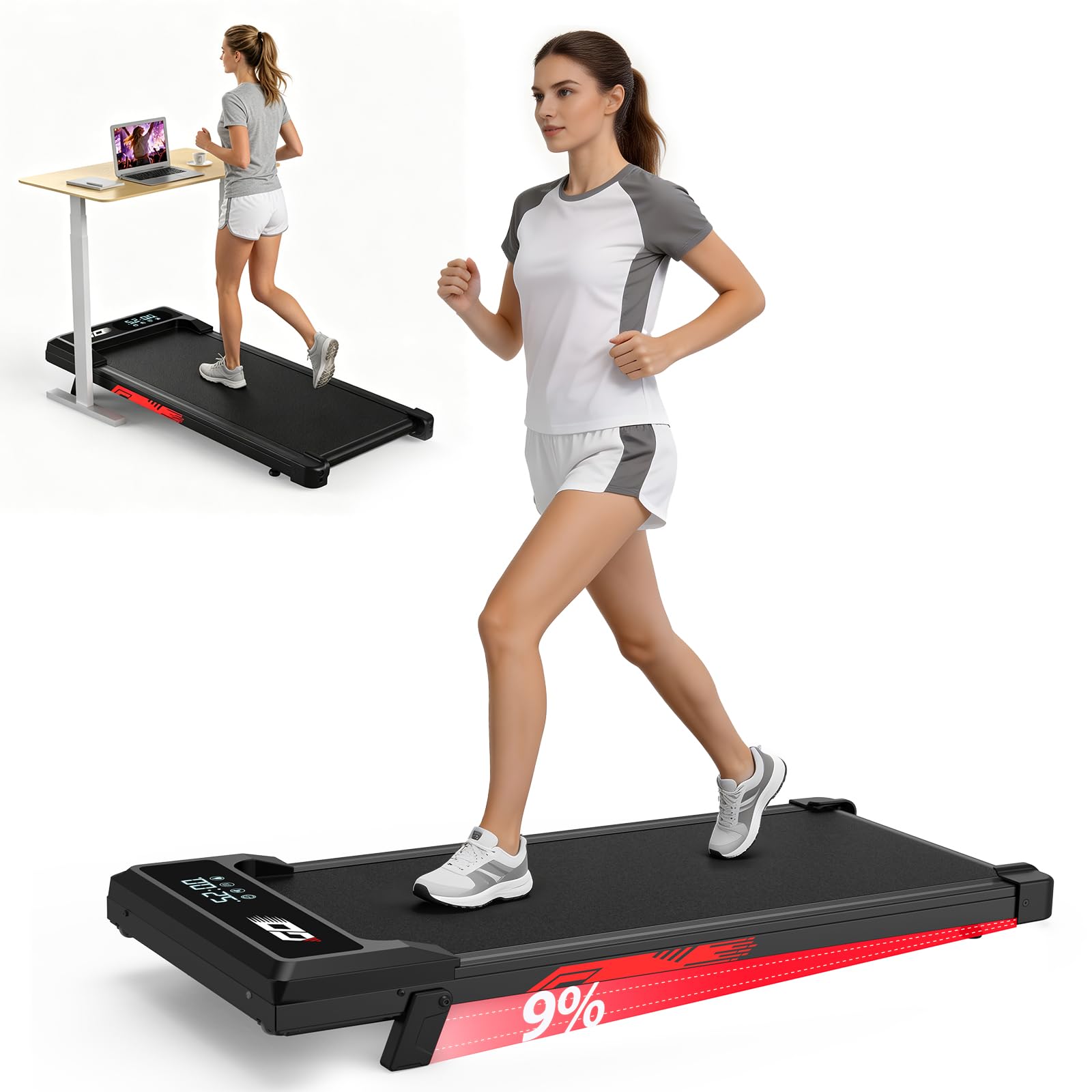 Tapis de Course et de Marche 3 en 1 avec Pente 9%, Tapis Roulant Pliable 1-10 km/h, Walking Pad Électrique, Moteur sans Balais Silencieux 3,0 HP, 140 kg Max, Écran LED, Amorti