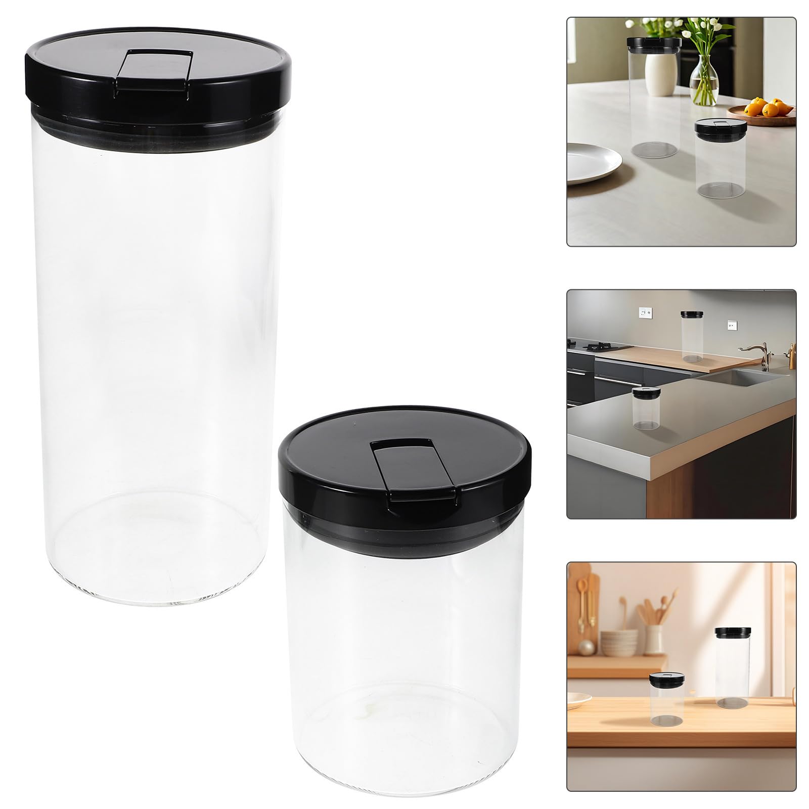 Tarros de Vidrio Herméticos 2 Piezas 700ml y 1200 Ml | Tapa de Plástico Negra, Acabado Transparente Minimalista, Uso en Despensa y Encimera, para Arroz y Granos