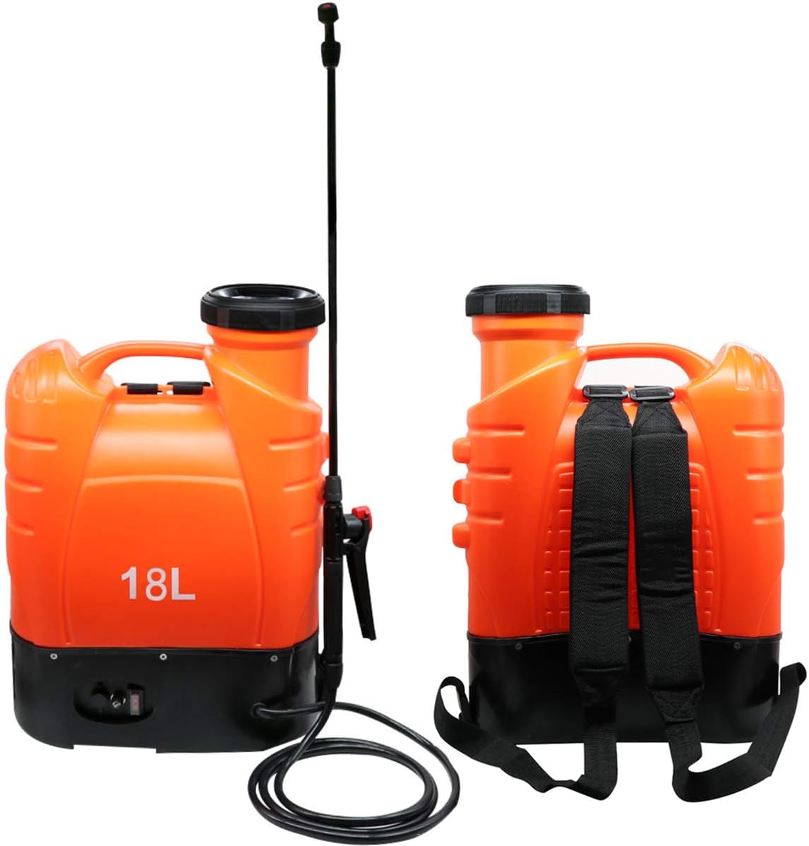 Battery Powered Backpack Sprayer 4.8 Gallon, Electric Backpack Garden Sprayer with 6.3" Wand Extended Hose & 4 Spraying Nozzles,Oranger