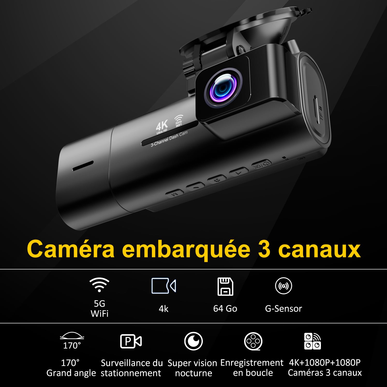Caméra embarquée avant et arrière à 3 canaux pour voiture, caméra de voiture WiFi 5G avec carte SD 64 Go, 4K + 1080p + 1080p triple objectif