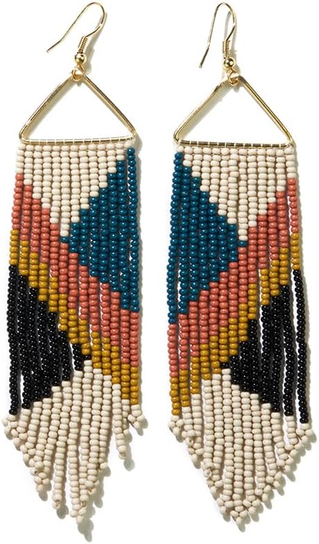 INK+ALLOY Beaded Earrings for Women Dangling, Emilie Seed Bead Long Fringe Statement Boho Earrings, Hypoallergenic Handmade Jewelry for the Modern Bohemian, 4.5-Inch