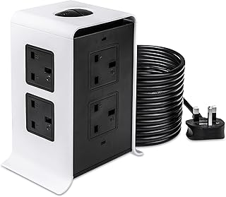 ASAB Extension Lead 5M Plug Extension Tower With USB Ports Slots 8 Way Multi Plug Vertical Extension Lead Strip 8 AC & 4 USB Ports Surge Protection Power Extension Cord With Switch Home Office Kitchen