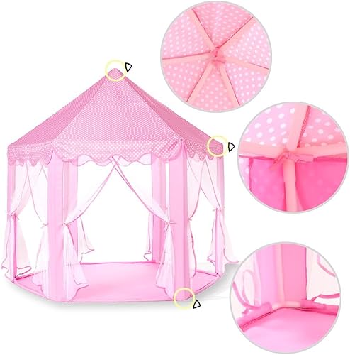 Miniatura 3 de Sumbababy - Tienda de campaña de castillo de princesa para niñas, tienda de campaña hexagonal, casa de juegos con grandes luces de estrella