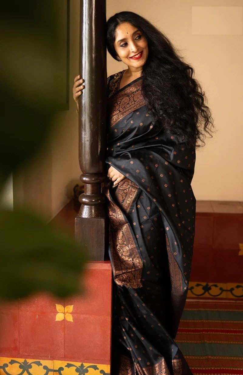 Flosive Women's Wedding Look Black Butti Banarasi Soft Silk Saree With Fancy Blouse