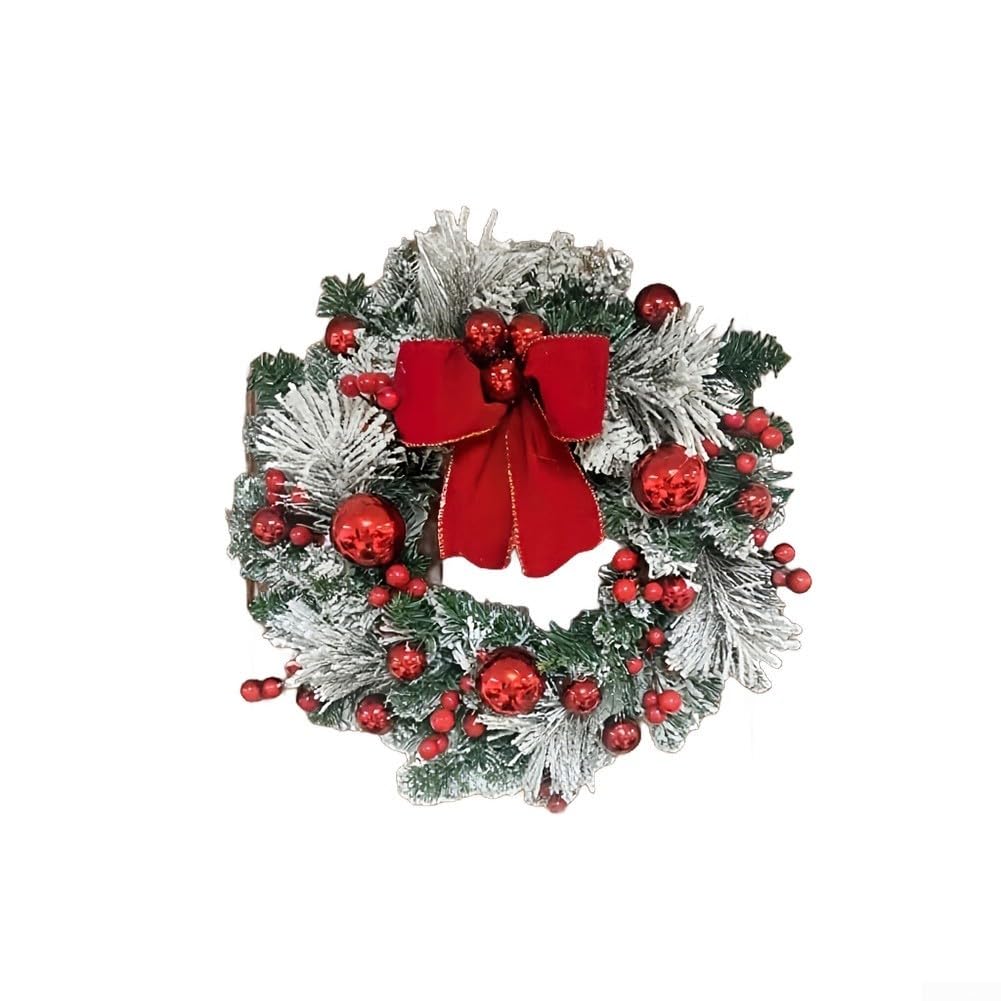 Corona de Navidad artificial de 16 pulgadas, guirnalda colgante resistente al fuego con 20 luces LED alimentadas por batería para decoración de puerta y pared (rojo blanco)