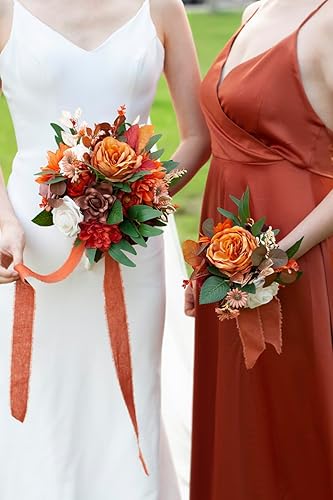Miniatura 2 de Ansofi Ramos de boda de color naranja quemado de otoño para novia, damas de honor, flores de rosas artificiales, ramo de novia en cascada para