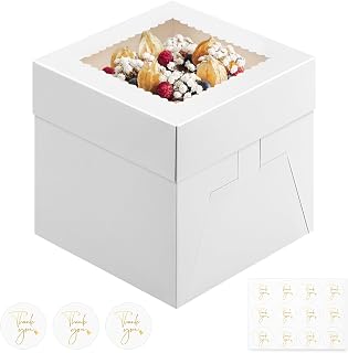 Ocmoiy 4 Sets Cake Boxes, 8 x 8 x 8 Inches White Bakery Boxes with Window Tall Cake Containers for Wedding Birthday Party