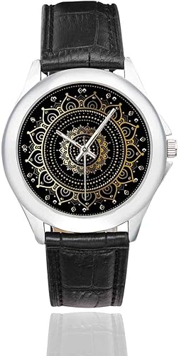 Abstract Paisley Mandala Impermeable Reloj de Pulsera de Cuero Clásico de Acero Inoxidable para Mujer Negro