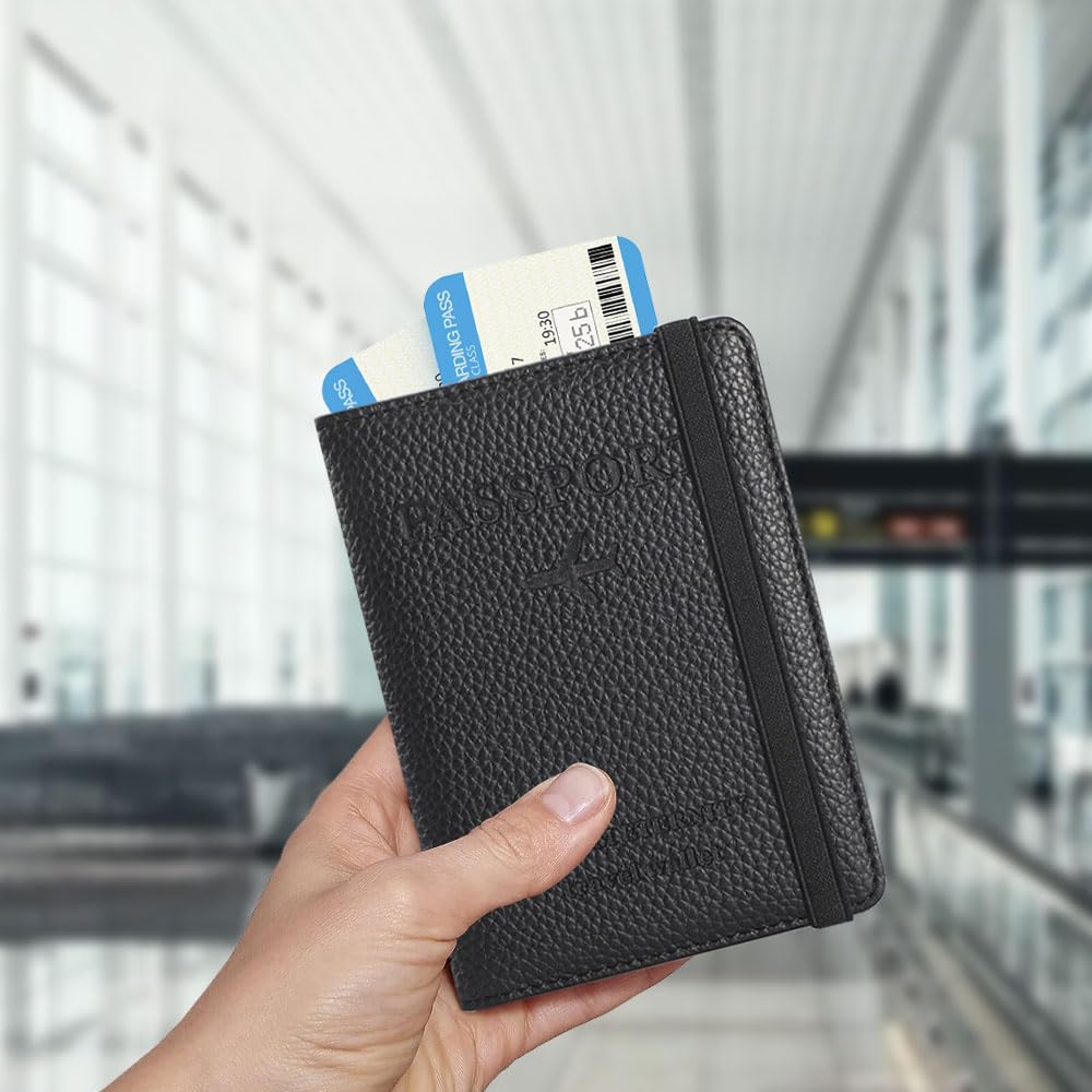 Etui na paszport, etui na paszport z blokadą RFID, uchwyt na paszport dla kobiet i mężczyzn, portfel podróżny, organizer na karty kredytowe, dowód osobisty i dokumenty podróżne (czarny)