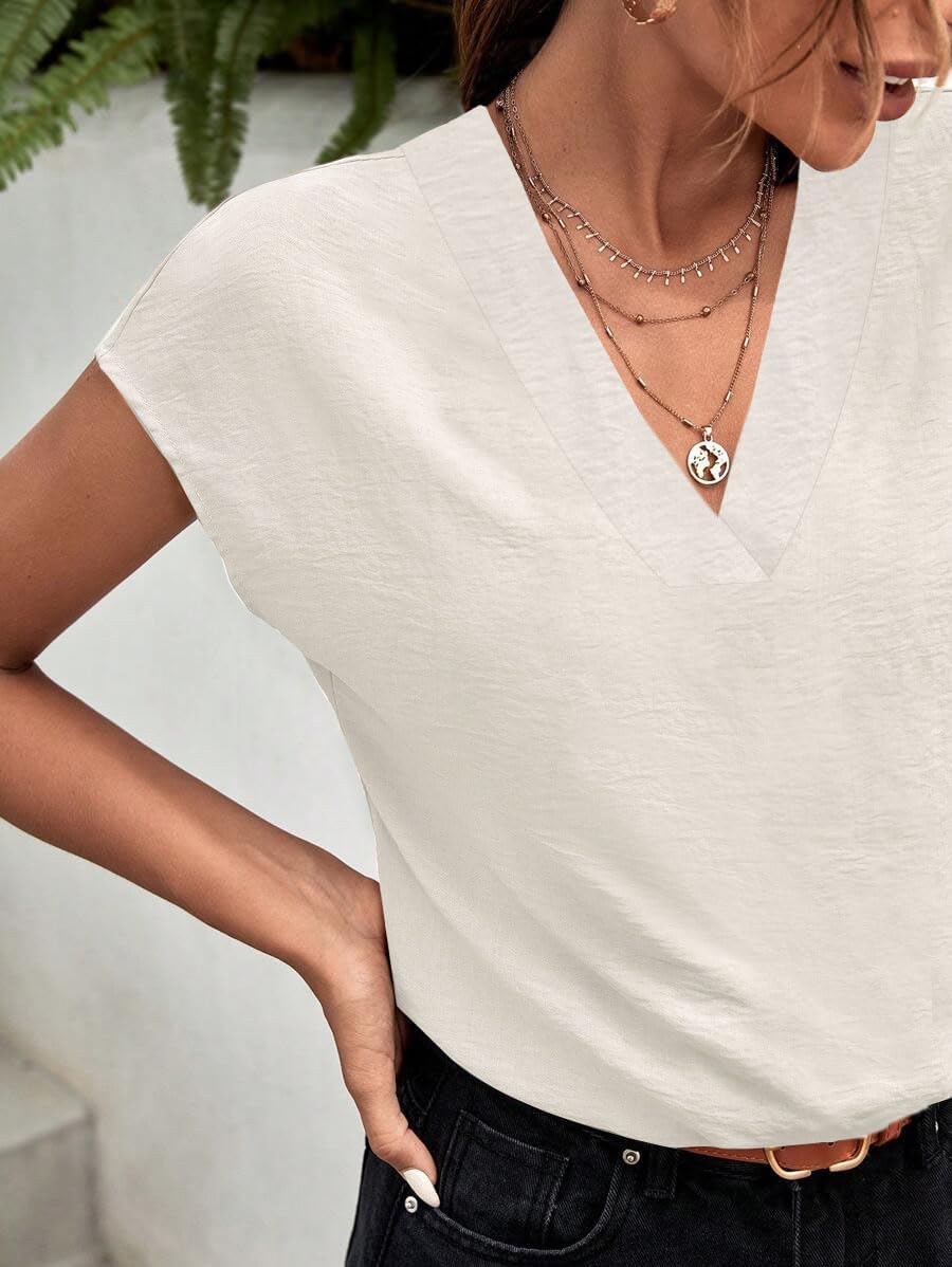 Women's V Neck Blouse 2025 Summer Textured Chiffon Top Cap Sleeve Loose Shirt for Office Work Casual - Image 2
