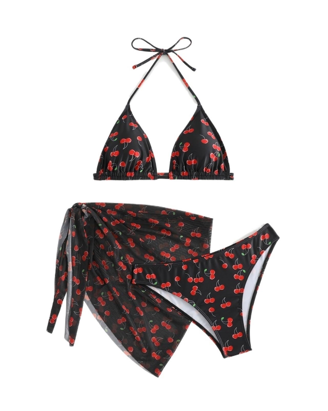 YJKJHAIG Women Chic Cherry Print Bikini Sets Three Pieces With Mesh Skirt Swimsuit Swimwear Bathing Suit Beach Outfits(Color:Style 3,Size:M)
