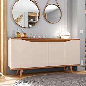 Aparador Buffet Grace com 4 Portas e Pés de Madeira Maciça Off White/cedro