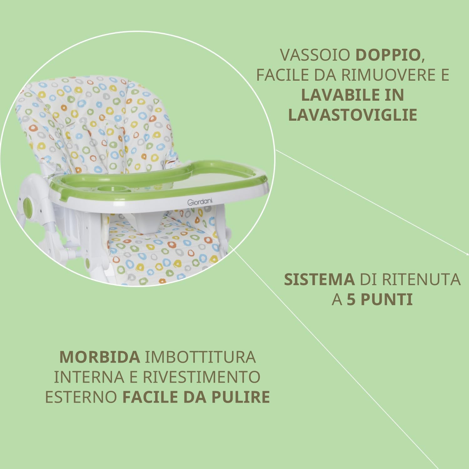 Giordani G-Snack Seggiolone Pappa 6 Mesi - 15kg, Altezza Regolabile in 7 Posizioni, Schienale e Poggiapiedi regolabili, 4 Ruote con Freno, Chiusura Compatta Salvaspazio e Doppio Vassoio Lavabile