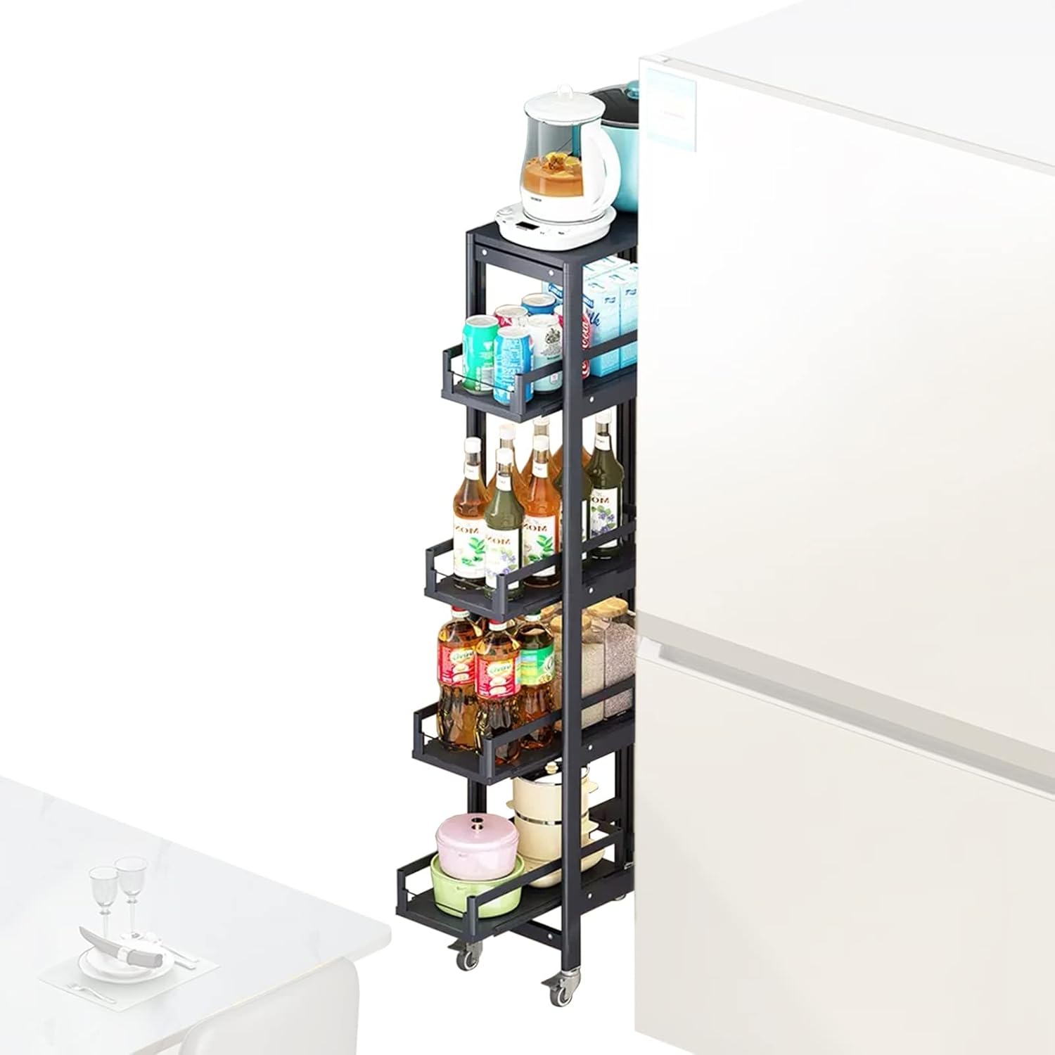 ERRULAN Narrow Shelf Unit 20cm Wide, Black Metal Rolling