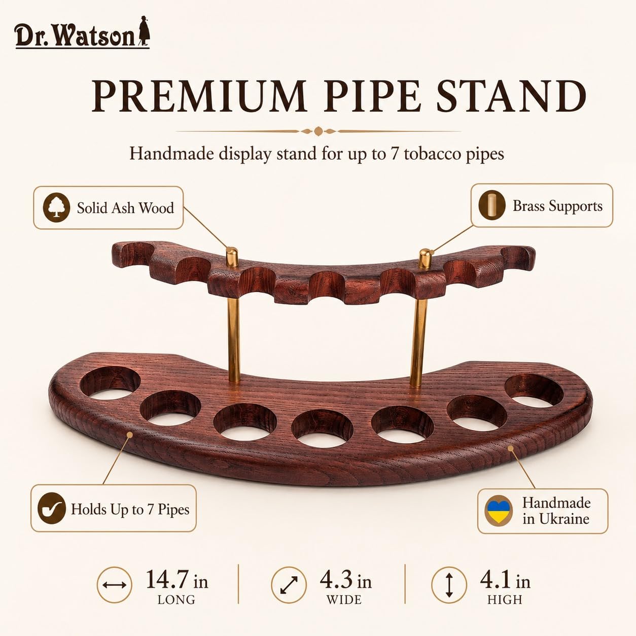 Dr. Watson - Drewniany Stojak na Fajkę - Łuk VII - Dla 7 Fajek Tytoniowych, Ręcznie Wykonany z Litego Drewna