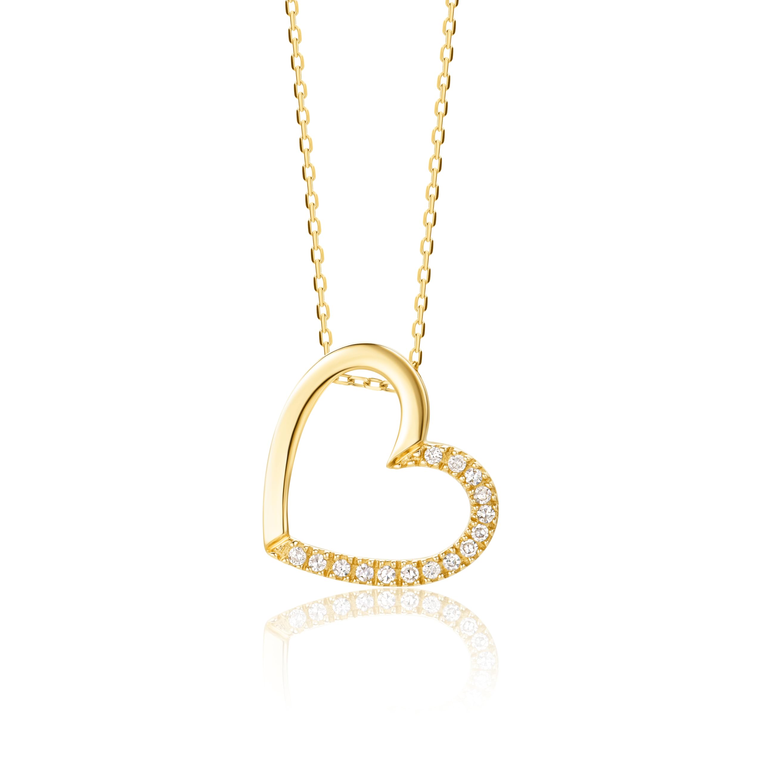 MIORE Collana con Cuore Oro Giallo e Diamanti Naturali, Vero Oro 9KT 375, Catenina con Pendente a Cuore Lucido e fila di Brillanti - Ciondolo con Catena anallergica. La Catenina è lunga Cm. 45.