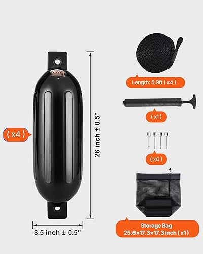 Miniatura 19 de VEVOR Boat Fenders, 5.5" x 20" Boat Bumpers for Docking, Inflatable Ribbed Fender with Center Holes, Marine Boat Dock Fender Bumper with Air Pump