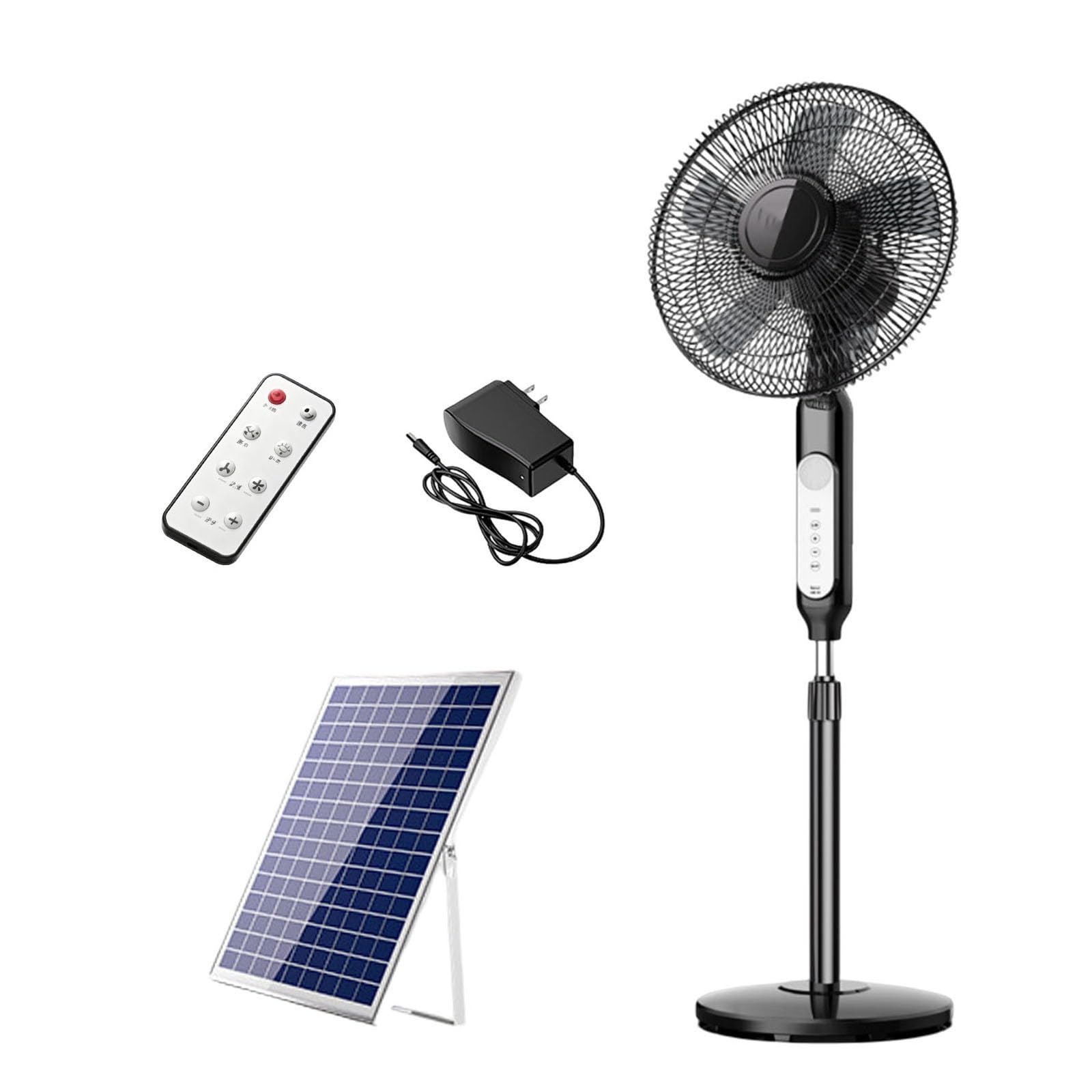 Ventilatore Solare da Campeggio con Luce, Ventilatore da Terra per Esterni con Telecomando, Batteria da 5200 mAh, Due Metodi di Ricarica, Oscillazione Automatica a 3 Velocità