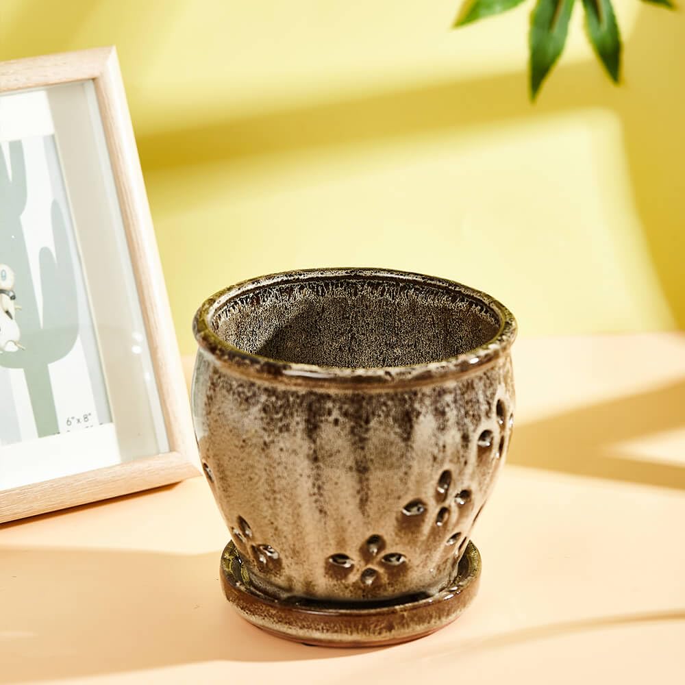 Orchideentöpfe mit Löchern und Untersetzern, 14 cm, 1 Stück, kleine Keramik-Orchideentöpfe zum Umtopfen, dekorativer Keramik-Orchideen-Pflanztopf mit Loch für gesundes Wurzelwachstum,