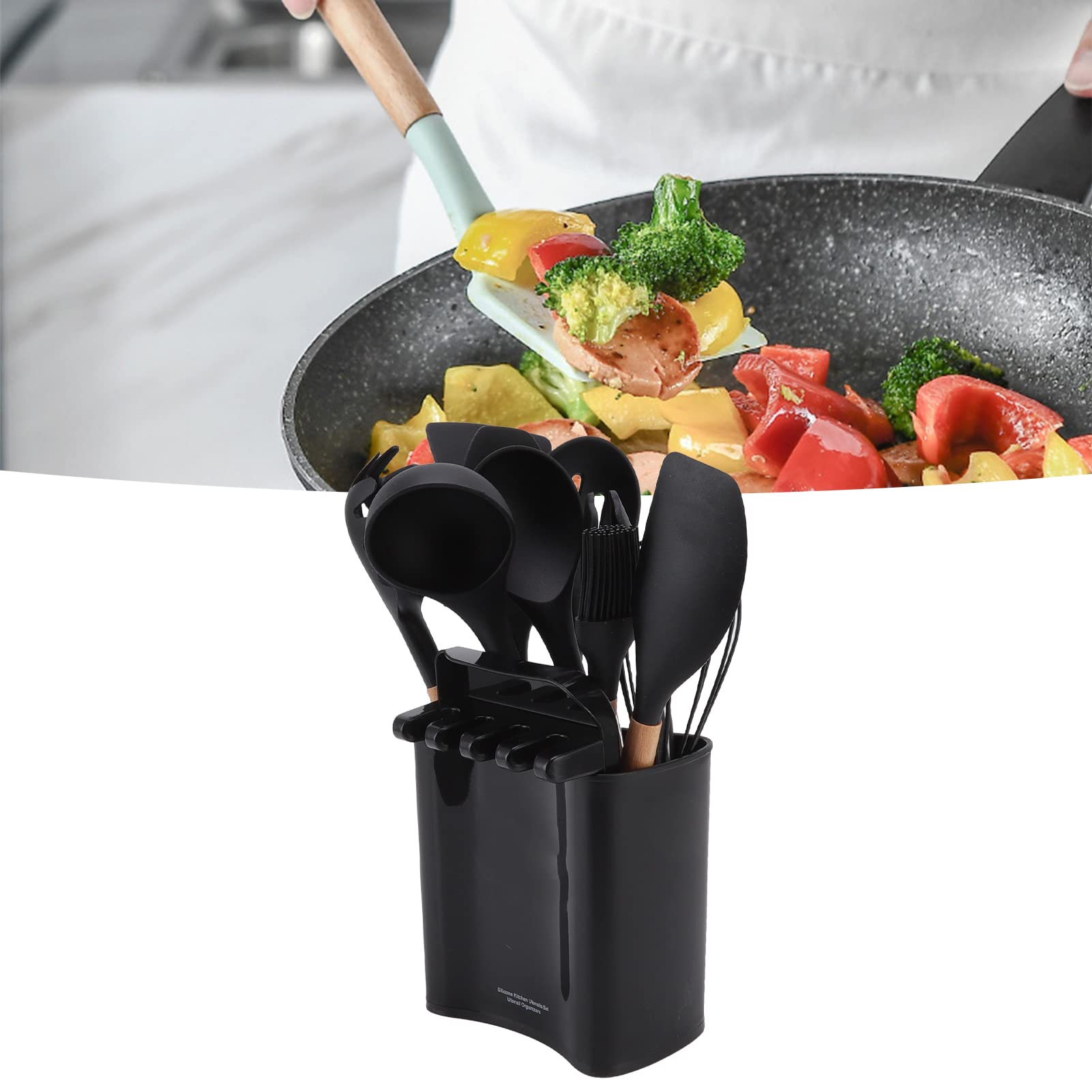 13pcs Camping Cookware Set with Heat Wooden Handle, Safe Black Picnic Cookware Kit, Includes Rack and Storage Box for Outdoor Activities