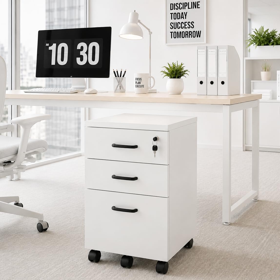 Gdchanyiyi Filing Cabinet, 3 Drawers Filing Cabinet for Home Office, Under Desk Drawers Lockable Cabinet, Small Mobile File Cabinet for A4, Letter-Size Files, Hanging File Folders (White)