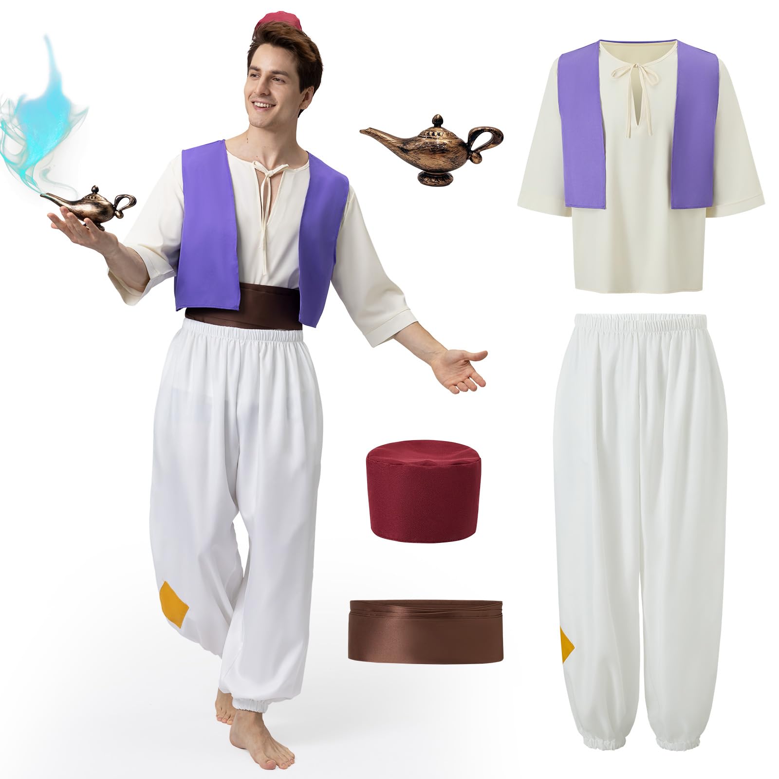 Disfraz Aladino Adulto, Disfraz Aladino Lampara Hombre, Disfraz Principe Arabe Hombre con Lampara Aladdin, Chaleco, Camisas, Sombreros, Pantalones para Fiesta Disfraces de Carnaval