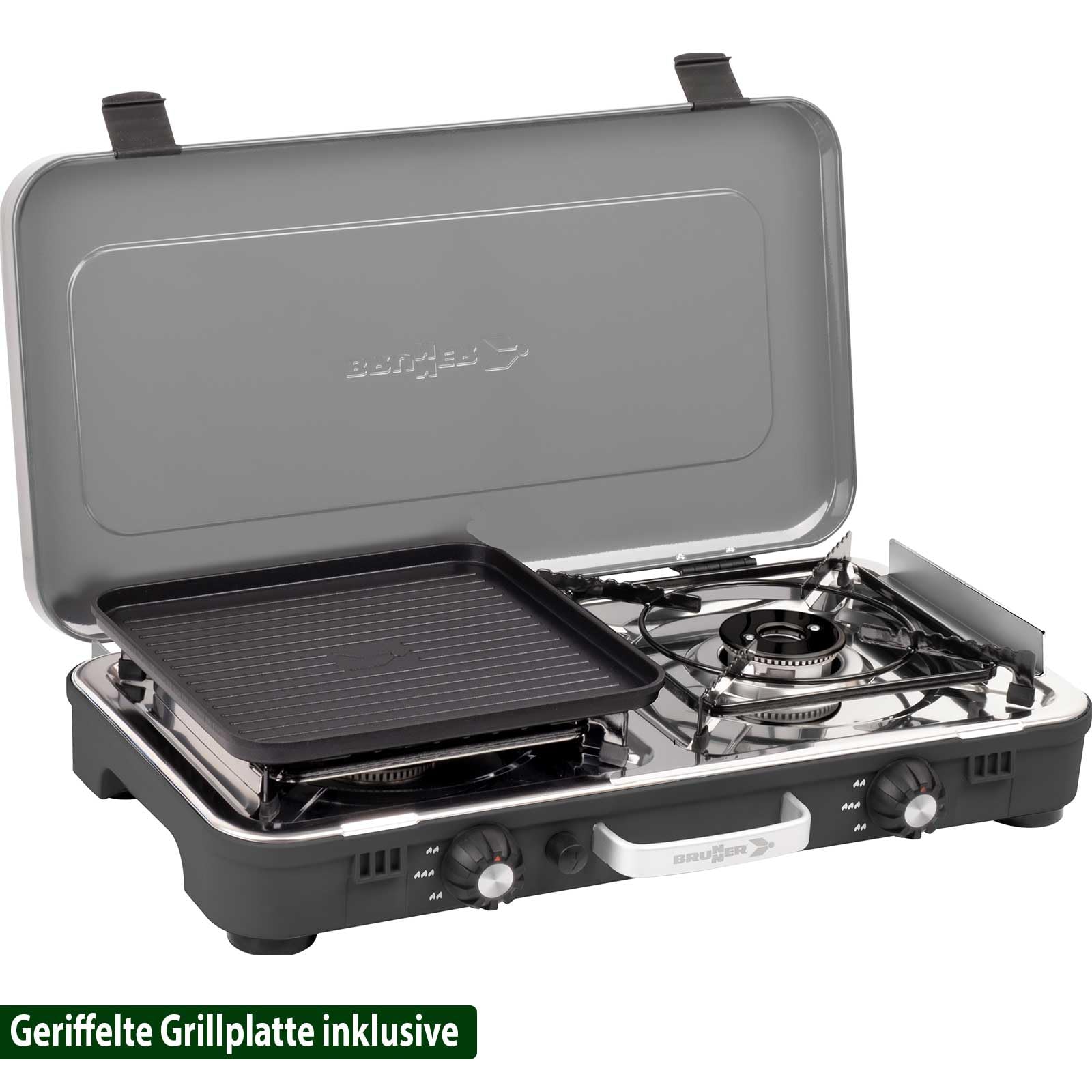 BRUNNER: 2-in-1 Tisch Camping-Kocher 2-flammig Edelstahl Gasgrill & Gaskocher - POWERKOOK 50mbar mit 1xGrillplatte - mit Gasregler + Gasschlauch