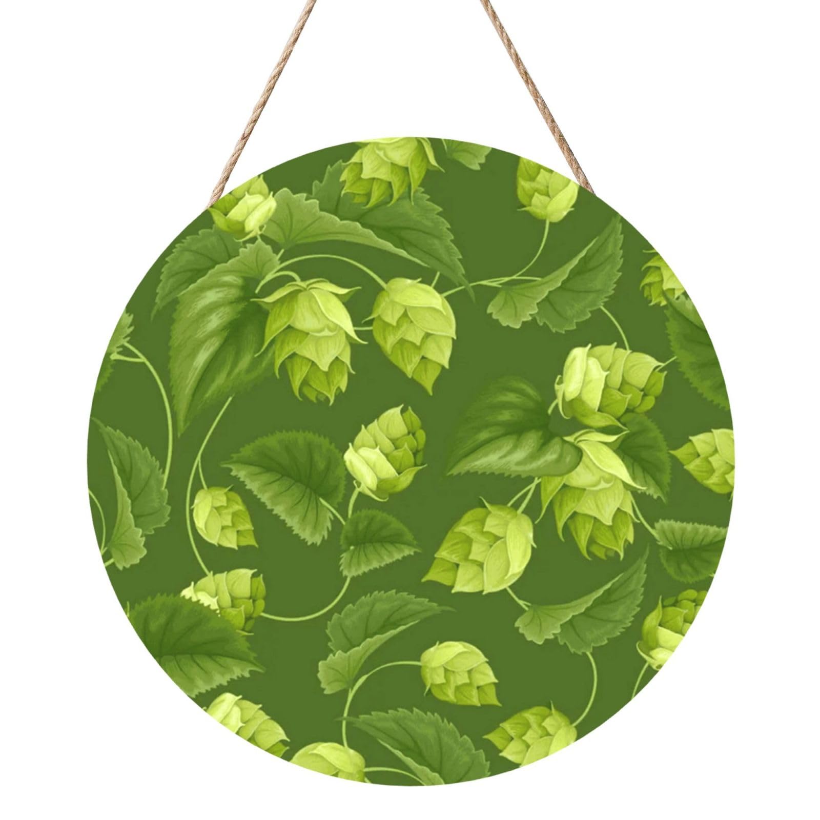 InOmak Green Hops And Leaves Pattern, Round Wood Panel Painting 12 in, Wall Hanging Painting For Home