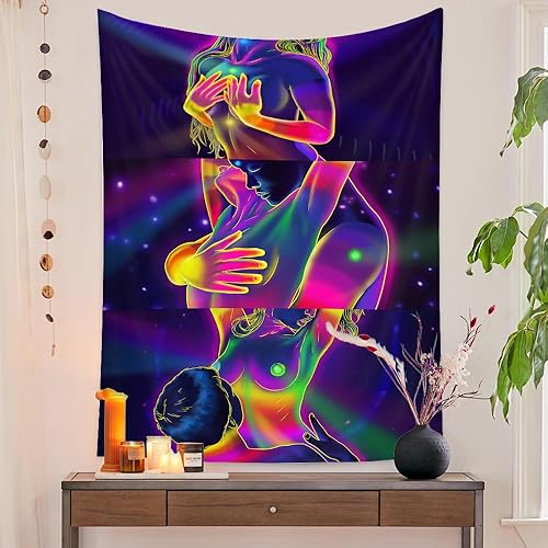 Jhdstore Tapiz de los amantes para dormitorio, tapiz estético de luz negra, tapiz para colgar en la pared, tapiz reactivo a los rayos UV, póster