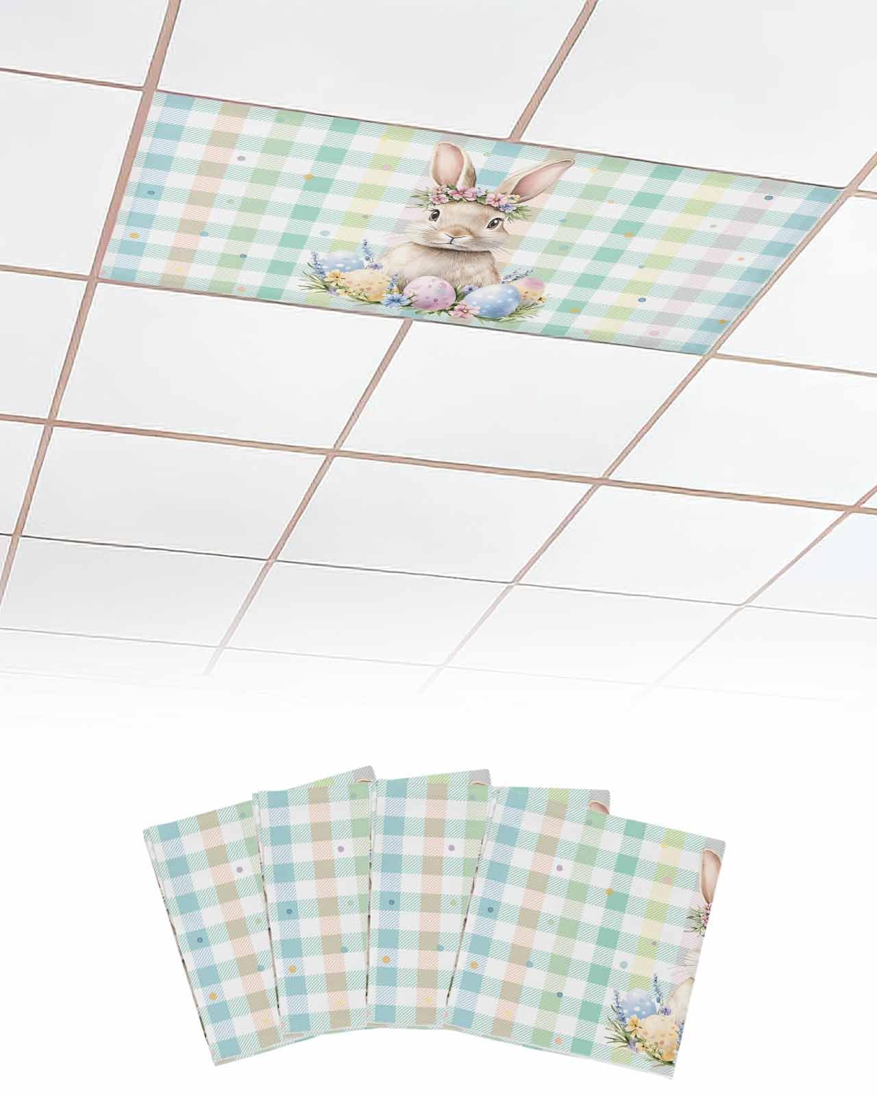 Easter 4 Pcs Fluorescent Light Covers for Ceiling Lights, Easter Egg Rabbit Colorful Plaid Magnetic Light Filters for Eliminate Harsh Glare Classroom Office Decoration, 4 x 2 Ft