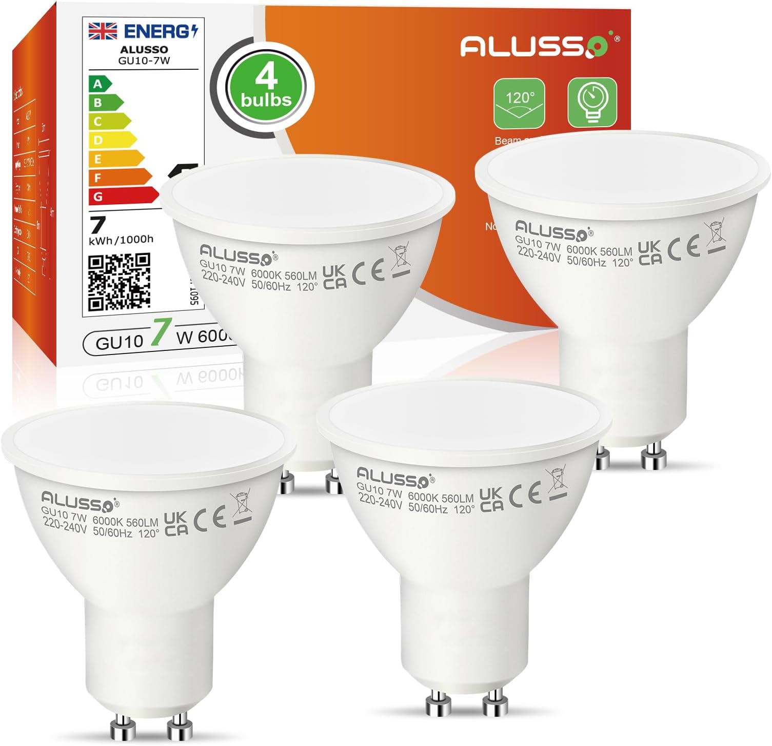 ALUSSO 7W GU10 LED Light Bulbs, 560lm Cool White 6000K, Non-dimmable, 120° Beam Angle, LED Spotlight Bulbs Suitable for Living Room, Bedroom, Kitchen, Pack of 4