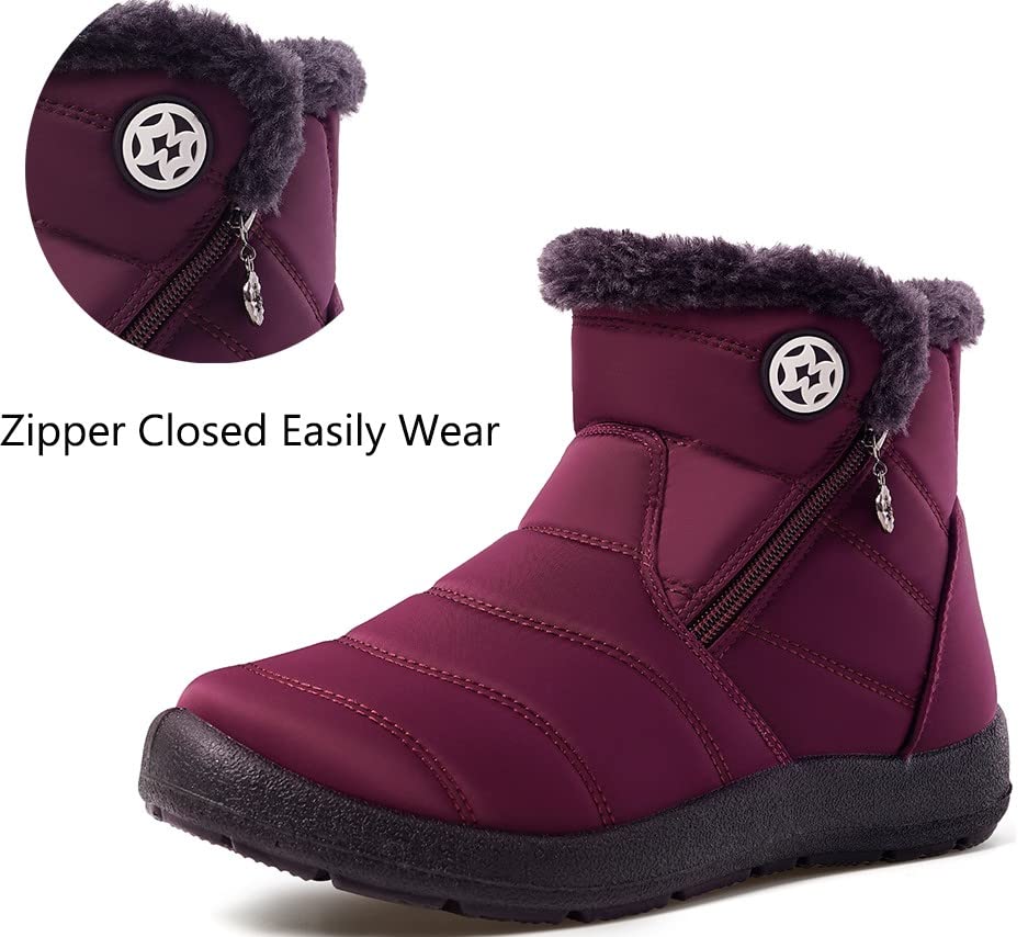 Image of Eagsouni Snow Boots Womens Winter Ankle Boots Ladies Warm Fur Lined Booties Thickening Shoes Zip Flat Sneakers Outdoor Booties