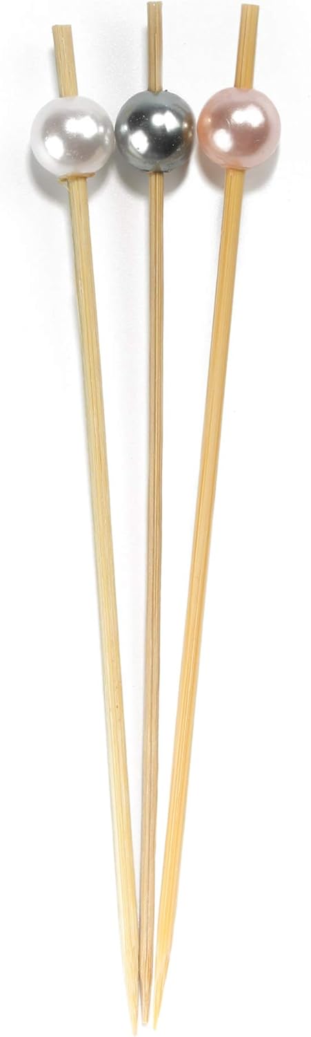 BambooMN 4.7-inch Pearl Cocktail Picks – 100 Pink Decorative Skewers For Parties & Events
