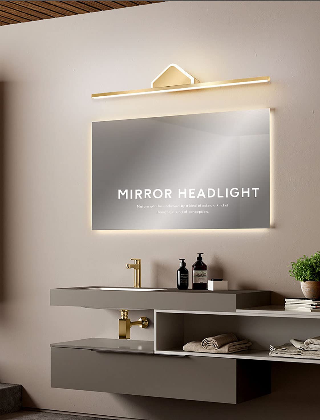 LED Spiegelleuchte Badezimmer Spiegellampen Wasserdichte Make-up Beleuchtung Warmweißes Licht für Schrank mit 3000K Gold Spiegel Frontbeleuchtung 17W/80CM