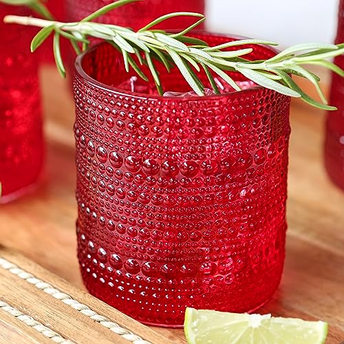 Image of Kate Aspen Retro Arch Floral Red Drinking Glasses Set of 6, 10 oz Vintage Ribbed Glass Cups, Christmas Glassware & Holiday Drinkware, Valentine's Day & Holiday Hostess Gift