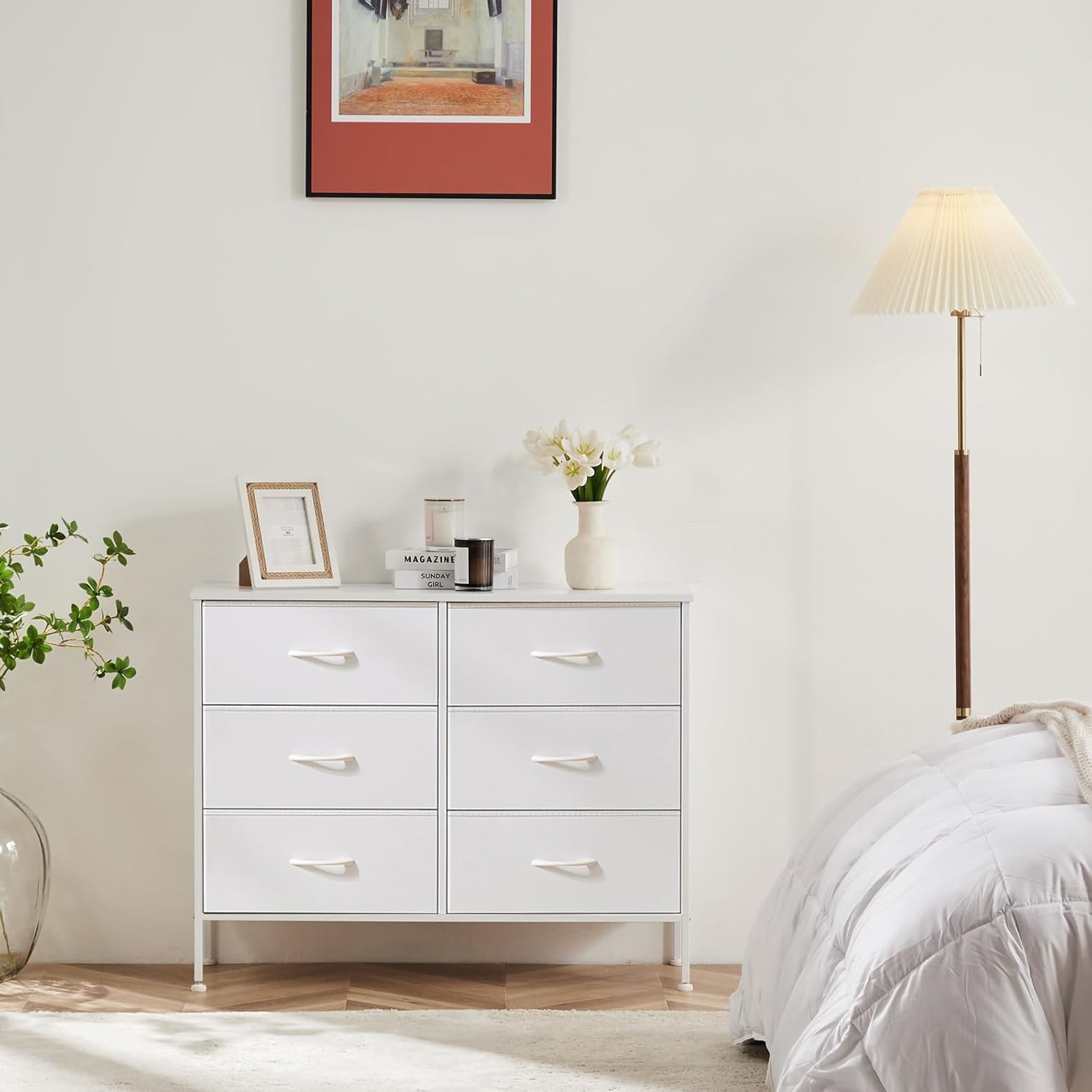Sweetcrispy Dresser for Bedroom with 6 Storage Drawers, Fabric Storage Tower Organizer, Chest of Drawers with Metal Frame Wooden Top for Closet, Living Room, Entryway, White White 31.5"D x 11.8"W x 31.5"H (6 Drawers)