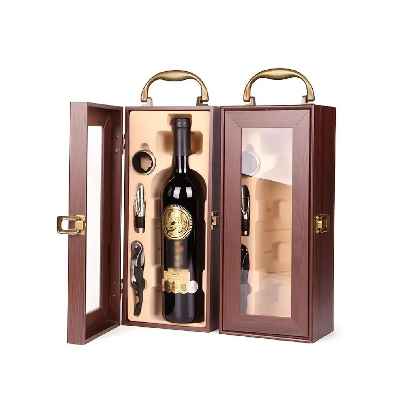ZiaWorld Wine Bottle Gift Box, Luxury Display Box for Storage Presentation of Wine, Champagne or Whisky with Tools Cork Screw, Pourer, Napkin/Drip Ring, (Wine NOT Included) (1 Bottle Gift Box)