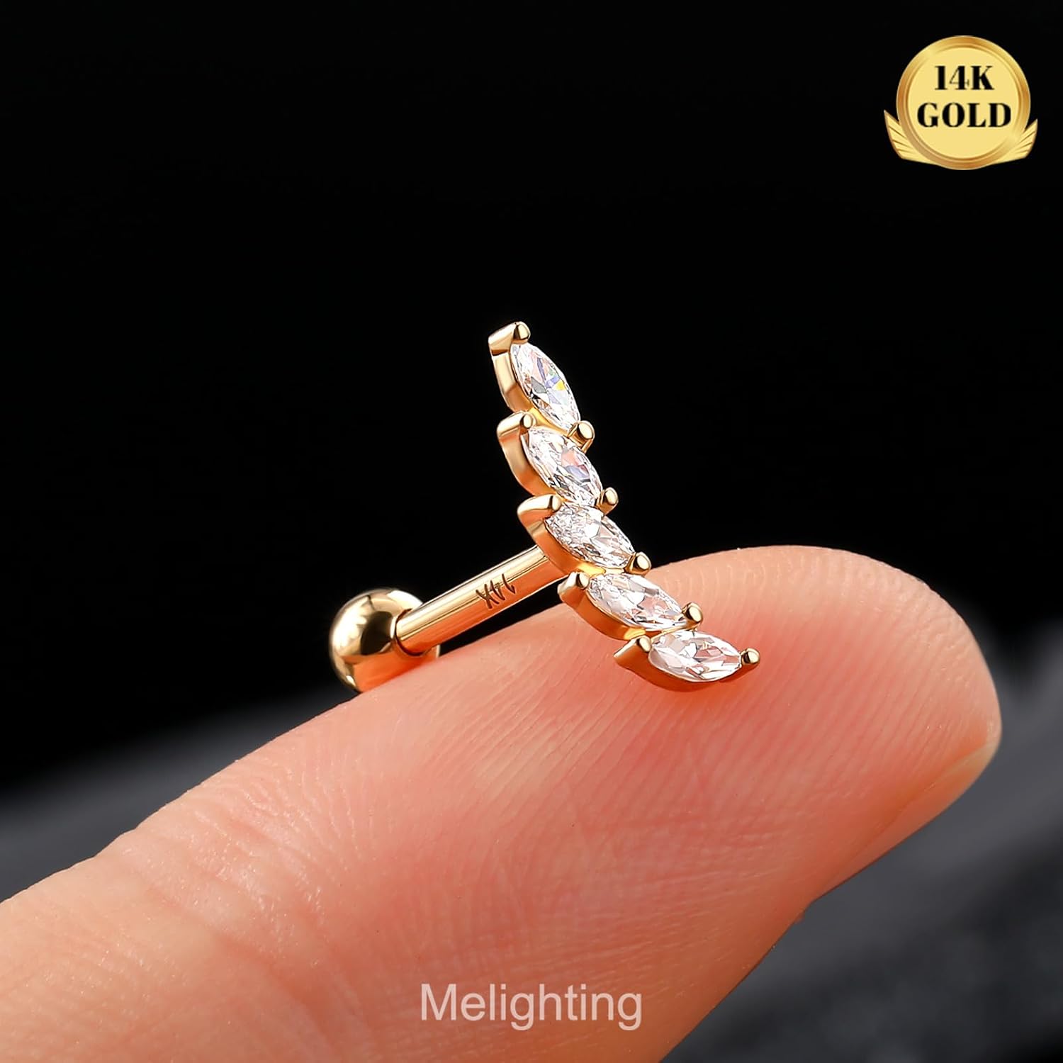Melighting 14K Solid Gold Helix Earring 16G Tragus Piercing Jewelry Clear CZ Curved Gold Cartilage Earring Conch Piercing Jewelry for Women - Image 2